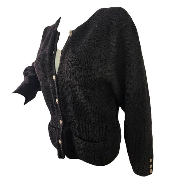 Tricots St Raphael Hand Knit Black Wool Cardigan Womens M Fitted Sweater VTG 80s - Picture 8 of 10